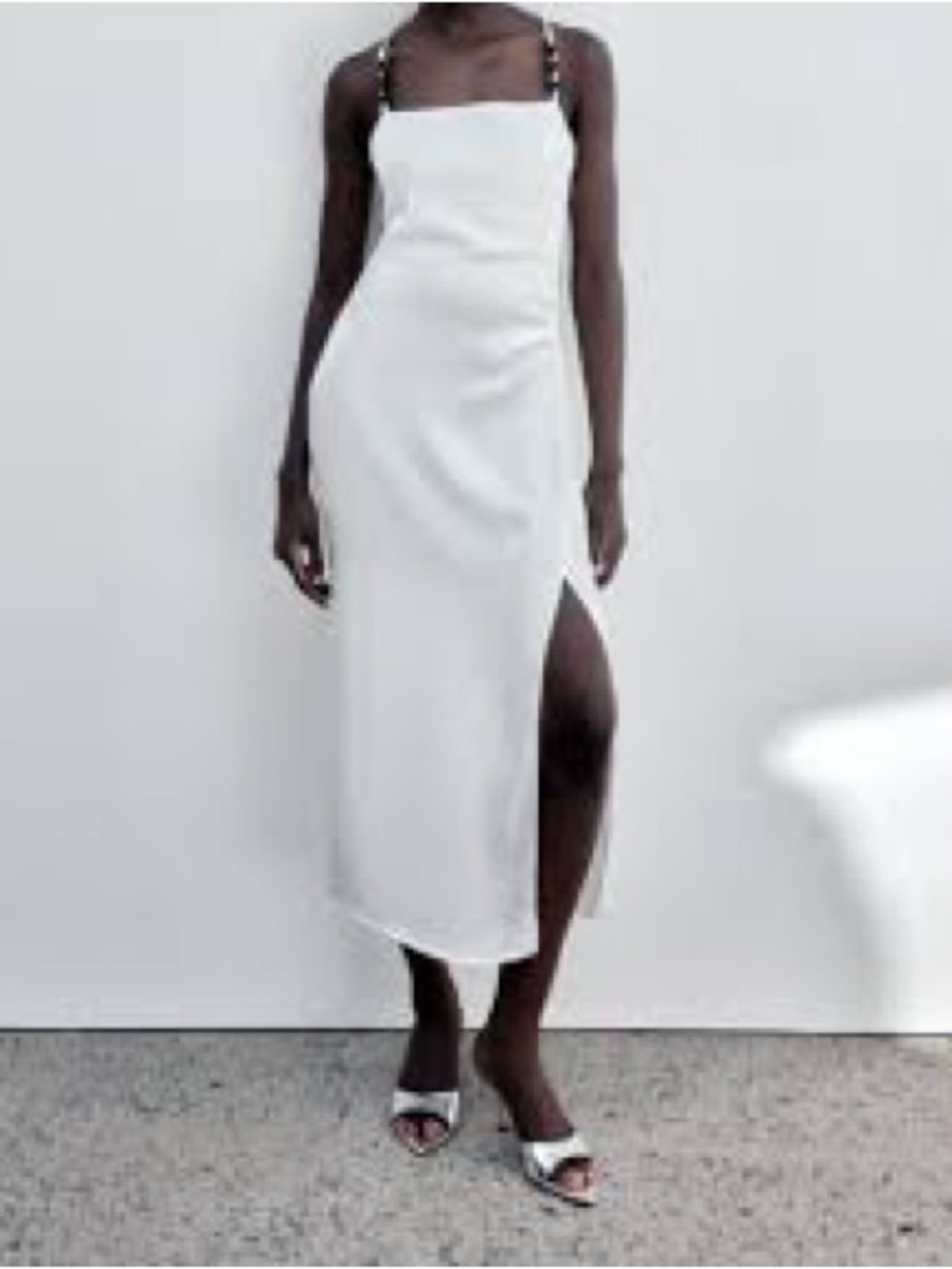 Zara White Midi Slip Dress with Thigh Slit